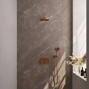 Brauer Copper Edition thermostatic built-in rain shower set - push buttons - main shower 20 cm - curved wall arm - round hand shower - wall connection - brushed copper pvd