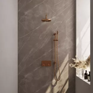 Brauer Copper Edition thermostatic built-in rain shower set - push buttons - overhead shower 20 cm - curved wall arm - rod hand shower - sliding bar with connection bend - brushed copper pvd