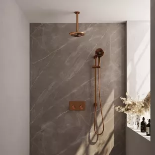 Brauer Copper Edition thermostatic built-in rain shower set - push buttons - main shower 20 cm - ceiling arm - round hand shower - sliding bar with connection bend - brushed copper pvd