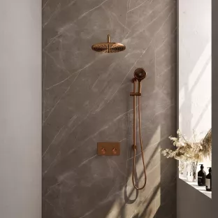 Brauer Copper Edition thermostatic built-in rain shower set - push buttons - main shower 30 cm - curved wall arm - round hand shower - sliding bar with connection bend - brushed copper pvd