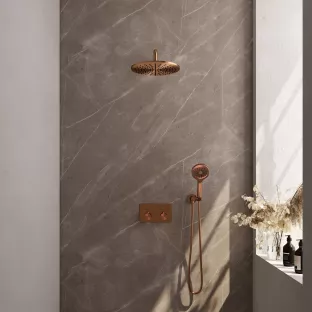 Brauer Copper Edition thermostatic built-in rain shower set - push buttons - main shower 30 cm - curved wall arm - round hand shower - wall connection - brushed copper pvd