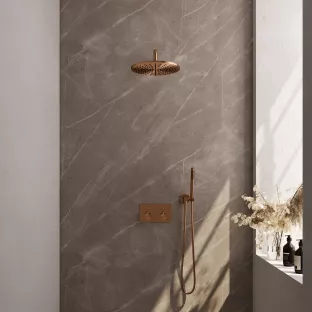 Brauer Copper Edition thermostatic built-in rain shower set - push buttons - main shower 30 cm - curved wall arm - rod hand shower - wall connection - brushed copper pvd