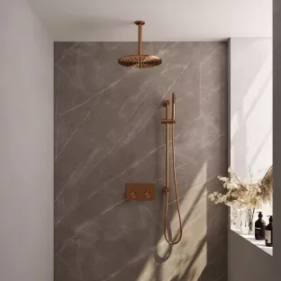 Brauer Copper Edition thermostatic built-in rain shower set - push buttons - main shower 30 cm - ceiling arm - rod hand shower - sliding bar with connection bend - brushed copper pvd