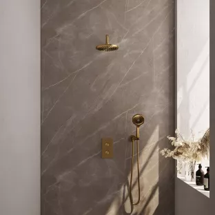 Brauer Gold Carving Built-in set with 3-way thermostat - Overhead shower 20 cm - Curved wall arm - Round hand shower - Wall connection - Brushed gold PVD