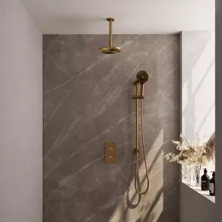 Brauer Gold Carving Built-in set with 3-way thermostat - Overhead shower 20 cm - Ceiling arm - Round hand shower - Sliding bar with connection bend - Brushed gold PVD