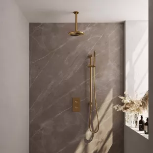 Brauer Gold Carving Built-in set with 3-way thermostat - Overhead shower 20 cm - Ceiling arm - Rod hand shower - Sliding bar with connection bend - Brushed gold PVD