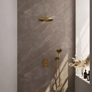 Brauer Gold Carving Built-in set with 3-way thermostat - Overhead shower 30 cm - Curved wall arm - Round hand shower - Wall connection - Brushed gold PVD