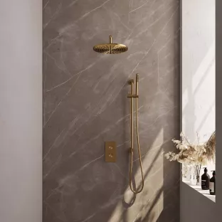 Brauer Gold Carving Built-in set with 3-way thermostat - Overhead shower 30 cm - Curved wall arm - Rod hand shower - Sliding bar with connection bend - Brushed gold PVD