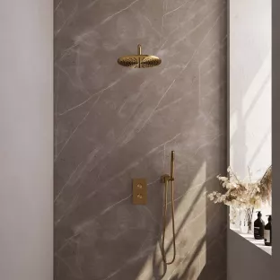 Brauer Gold Carving Built-in set with 3-way thermostat - Overhead shower 30 cm - Curved wall arm - Rod hand shower - Wall connection - Brushed gold PVD