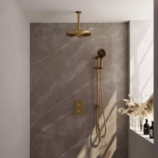 Brauer Gold Carving Built-in set with 3-way thermostat - Overhead shower 30 cm - Ceiling arm - Round hand shower - Sliding bar with connection bend - Brushed gold PVD