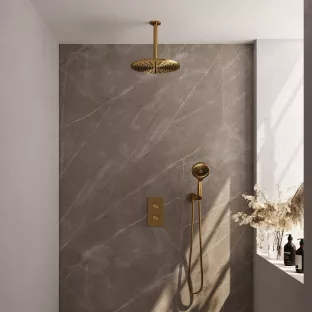 Brauer Gold Carving Built-in set with 3-way thermostat - Overhead shower 30 cm - Ceiling arm - Round hand shower - Wall connection - Brushed gold PVD