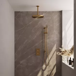 Brauer Gold Carving Built-in set with 3-way thermostat - Overhead shower 30 cm - Ceiling arm - Rod hand shower - Sliding bar with connection bend - Brushed gold PVD