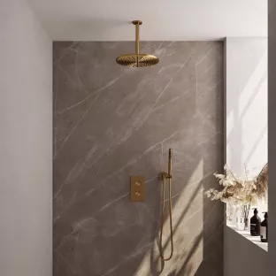 Brauer Gold Carving Built-in set with 3-way thermostat - Overhead shower 30 cm - Ceiling arm - Rod hand shower - Wall connection - Brushed gold PVD