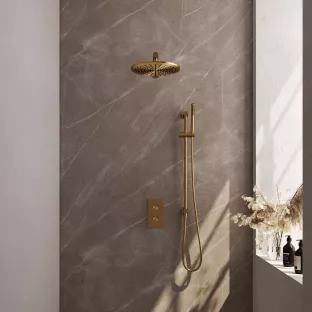 Brauer Gold Carving Built-in set with 3-way thermostat - Overhead shower 30 cm - Straight wall arm - Rod hand shower - Sliding bar with connection bend - Brushed gold PVD