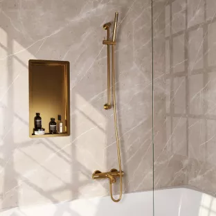 Brauer Gold Carving Surface-mounted Bath Shower Thermostatic Tap - Slide Bar - Hand Shower Rod - Shower Hose - Gold Brushed PVD