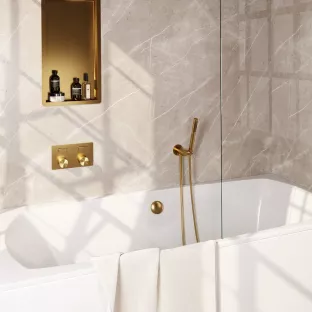 Brauer Gold Carving built-in bath thermostat with push buttons - bath filling combination - rod hand shower - shower hose - wall connection bend - Brushed gold PVD