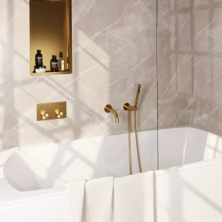 Brauer Gold Carving built-in bath thermostat with push buttons - spout - rod hand shower - shower hose - wall connection bend - Brushed gold PVD