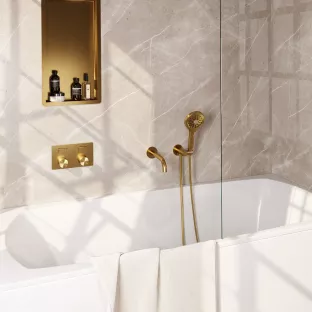 Brauer Gold Carving built-in bath thermostat with push buttons - spout - round hand shower - shower hose - wall connection bend - Brushed gold PVD