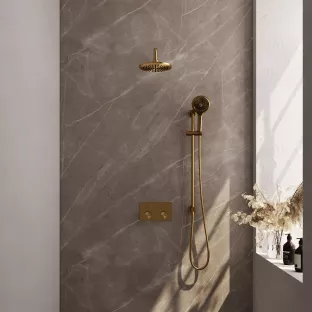 Brauer Gold Carving Thermostatic Built-in Shower Set Push buttons - Overhead shower 20 cm - Curved wall arm - Round hand shower - Sliding bar with connection bend - Brushed gold PVD