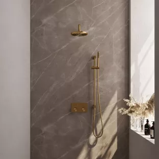 Brauer Gold Carving Thermostatic Built-in Shower Set Push buttons - Overhead shower 20 cm - Curved wall arm - Rod hand shower - Sliding bar with connection bend - Brushed gold PVD