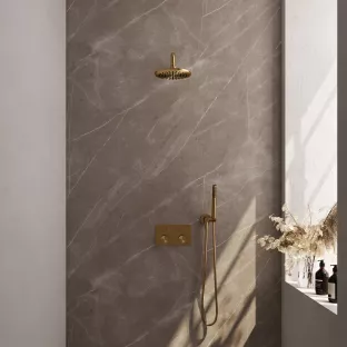 Brauer Gold Carving Thermostatic Built-in Shower Set Push buttons - Overhead shower 20 cm - Curved wall arm - Rod hand shower - Wall connection - Brushed gold PVD