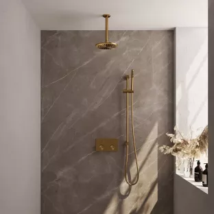 Brauer Gold Carving Thermostatic Built-in Shower Set Push buttons - Overhead shower 20 cm - Ceiling arm - Rod hand shower - Sliding bar with connection bend - Brushed gold PVD