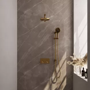 Brauer Gold Carving Thermostatic Built-in Shower Set Push buttons - Overhead shower 20 cm - Straight wall arm - Round hand shower - Sliding bar with connection bend - Brushed gold PVD