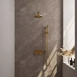 Brauer Gold Carving Thermostatic Built-in Shower Set Push buttons - Overhead shower 20 cm - Straight wall arm - Rod hand shower - Sliding bar with connection bend - Brushed gold PVD