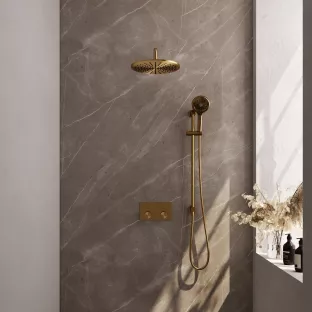 Brauer Gold Carving Thermostatic Built-in Shower Set Push buttons - Overhead shower 30 cm - Curved wall arm - Round hand shower - Sliding bar with connection bend - Brushed gold PVD