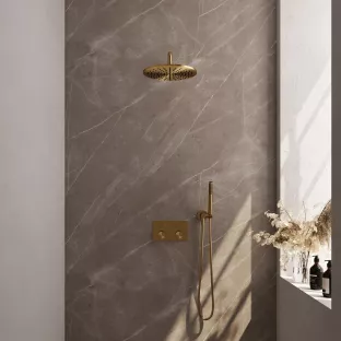 Brauer Gold Carving Thermostatic Built-in Shower Set Push buttons - Overhead shower 30 cm - Curved wall arm - Rod hand shower - Wall connection - Brushed gold PVD