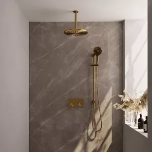 Brauer Gold Carving Thermostatic Built-in Shower Set Push buttons - Overhead shower 30 cm - Ceiling arm - Round hand shower - Sliding bar with connection bend - Brushed gold PVD