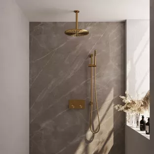 Brauer Gold Carving Thermostatic Built-in Shower Set Push buttons - Overhead shower 30 cm - Ceiling arm - Rod hand shower - Sliding bar with connection bend - Brushed gold PVD