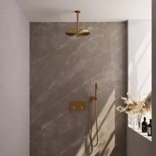 Brauer Gold Carving Thermostatic Built-in Shower Set Push buttons - Overhead shower 30 cm - Ceiling arm - Rod hand shower - Wall connection - Brushed gold PVD