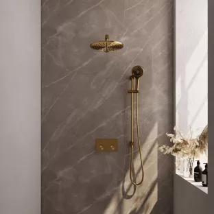 Brauer Gold Carving Thermostatic Built-in Shower Set Push buttons - Overhead shower 30 cm - Straight wall arm - Round hand shower - Sliding bar with connection bend - Brushed gold PVD