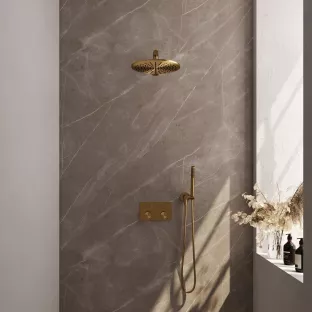 Brauer Gold Carving Thermostatic Built-in Shower Set Push buttons - Overhead shower 30 cm - Straight wall arm - Rod hand shower - Wall connection - Brushed gold PVD