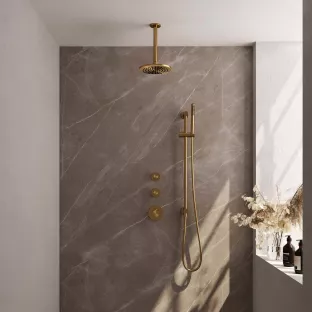 Brauer Gold Carving Thermostatic Built-in Shower Set - Overhead shower 20 cm - Ceiling arm - Rod hand shower - Sliding bar with connection bend - Brushed gold PVD