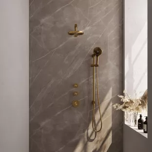 Brauer Gold Carving Thermostatic Built-in Shower Set - Overhead shower 20 cm - Straight wall arm - Round hand shower - Sliding bar with connection bend - Brushed gold PVD