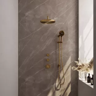 Brauer Gold Carving Thermostatic Built-in Shower Set - Overhead shower 30 cm - Curved wall arm - Round hand shower - Sliding bar with connection bend - Brushed gold PVD