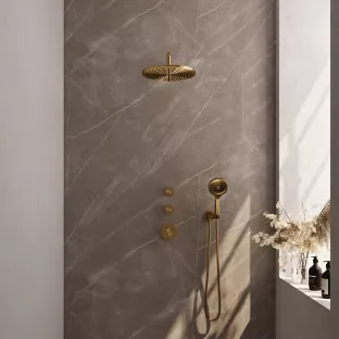 Brauer Gold Carving Thermostatic Built-in Shower Set - Overhead shower 30 cm - Curved wall arm - Round hand shower - Wall connection - Brushed gold PVD