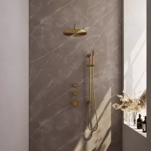 Brauer Gold Carving Thermostatic Built-in Shower Set - Overhead shower 30 cm - Curved wall arm - Rod hand shower - Sliding bar with connection bend - Brushed gold PVD