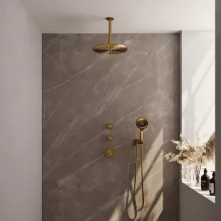 Brauer Gold Carving Thermostatic Built-in Shower Set - Overhead shower 30 cm - Ceiling arm - Round hand shower - Wall connection - Brushed gold PVD