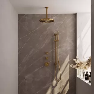 Brauer Gold Carving Thermostatic Built-in Shower Set - Overhead shower 30 cm - Ceiling arm - Rod hand shower - Sliding bar with connection bend - Brushed gold PVD