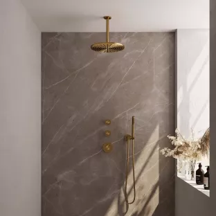 Brauer Gold Carving Thermostatic Built-in Shower Set - Overhead shower 30 cm - Ceiling arm - Rod hand shower - Wall connection - Brushed gold PVD