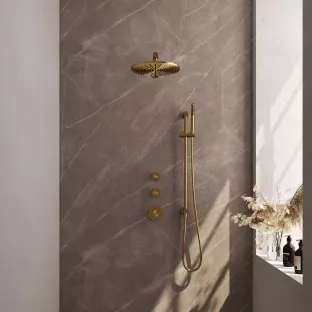 Brauer Gold Carving Thermostatic Built-in Shower Set - Overhead shower 30 cm - Straight wall arm - Rod hand shower - Sliding bar with connection bend - Brushed gold PVD