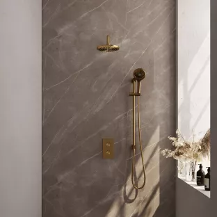 Brauer Gold Edition built-in set with 3-way thermostat - overhead shower 20 cm - curved wall arm - round hand shower - sliding bar with connection bend - brushed gold PVD