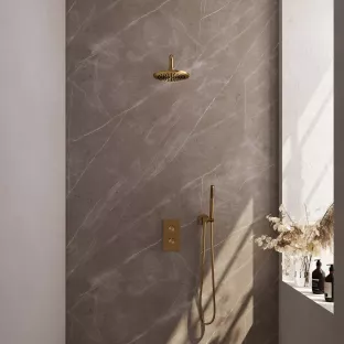 Brauer Gold Edition built-in set with 3-way thermostat - overhead shower 20 cm - curved wall arm - rod hand shower - wall connection - brushed gold PVD