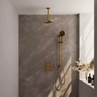 Brauer Gold Edition built-in set with 3-way thermostat - overhead shower 20 cm - ceiling arm - round hand shower - sliding bar with connection bend - brushed gold pvd