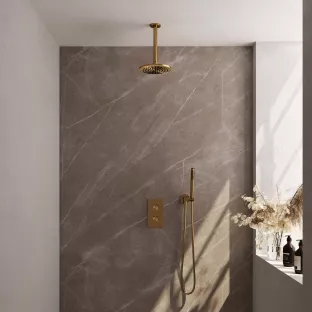 Brauer Gold Edition built-in set with 3-way thermostat - overhead shower 20 cm - ceiling arm - rod hand shower - wall connection - brushed gold pvd