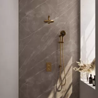 Brauer Gold Edition built-in set with 3-way thermostat - overhead shower 20 cm - straight wall arm - round hand shower - sliding bar with connection bend - brushed gold PVD