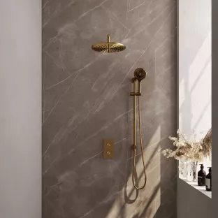 Brauer Gold Edition built-in set with 3-way thermostat - overhead shower 30 cm - curved wall arm - round hand shower - sliding bar with connection bend - brushed gold PVD